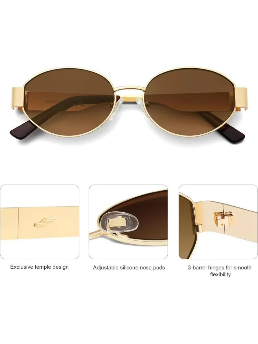 Women's Shiny Gold Gradient Brown Oval Trendy Shades UV400 Protection Sunglasses